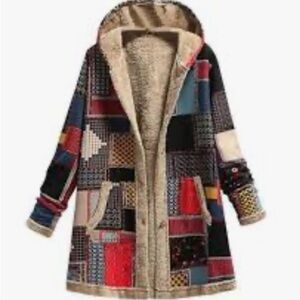 Patchwork Faux-Shearling Hooded Jacket Multicolor size XL PTP 23